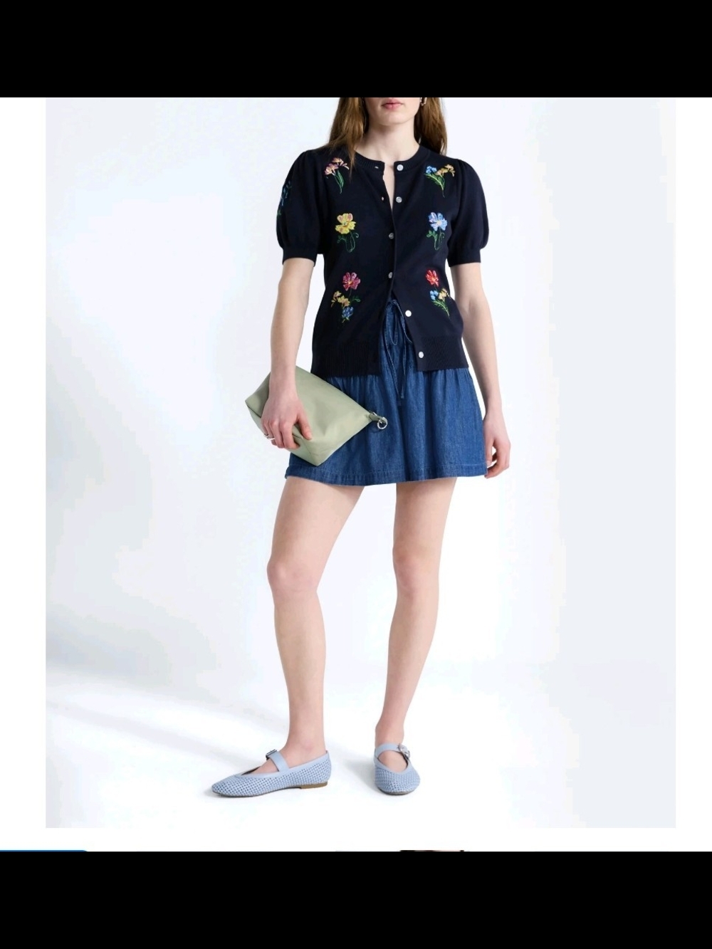 NWT Free Assembly Floral Embroidered Puff Short Sleeve Cardigan Sweater